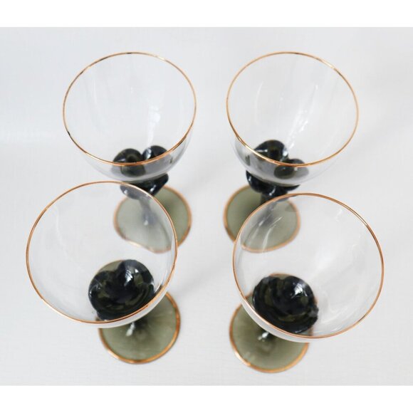 Vintage Set of 4 Retro Dark Green Wine Glasses with Gold Tear Drop Barware - Picture 3 of 4